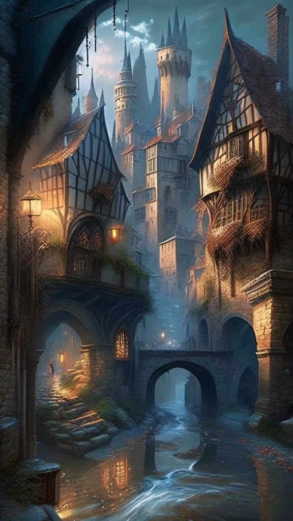 medieval city, magic flowing in the background