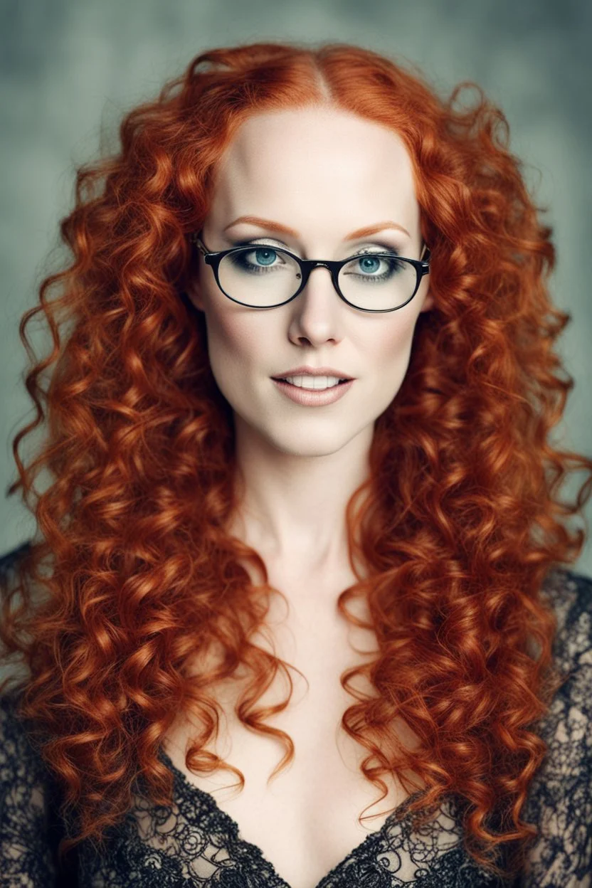 simone simons, curly, redhead, glasses on, beauty dress