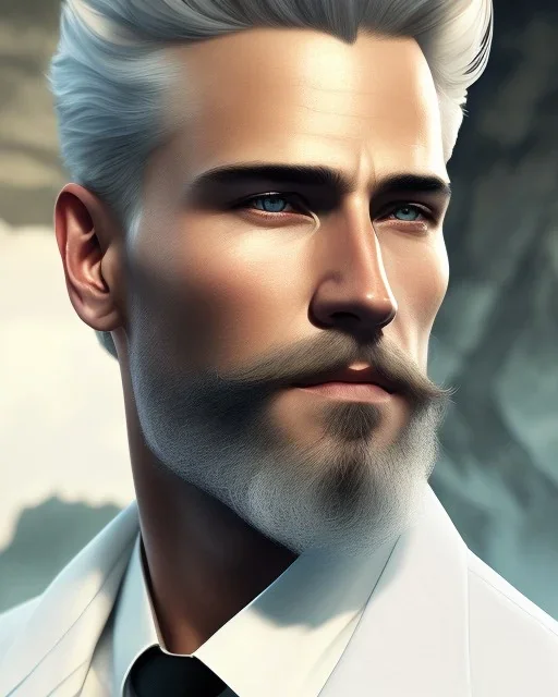 Handsome white human male, with a trimmed but uneven beard, blue eyes with slick blonde hair, full-scale head and shoulders portrait, concept art portrait by Greg Rutkowski, WLOP, Alphonse Mucha dynamic lighting hyperdetailed intricately detailed Splash, volumetric lighting fantasy