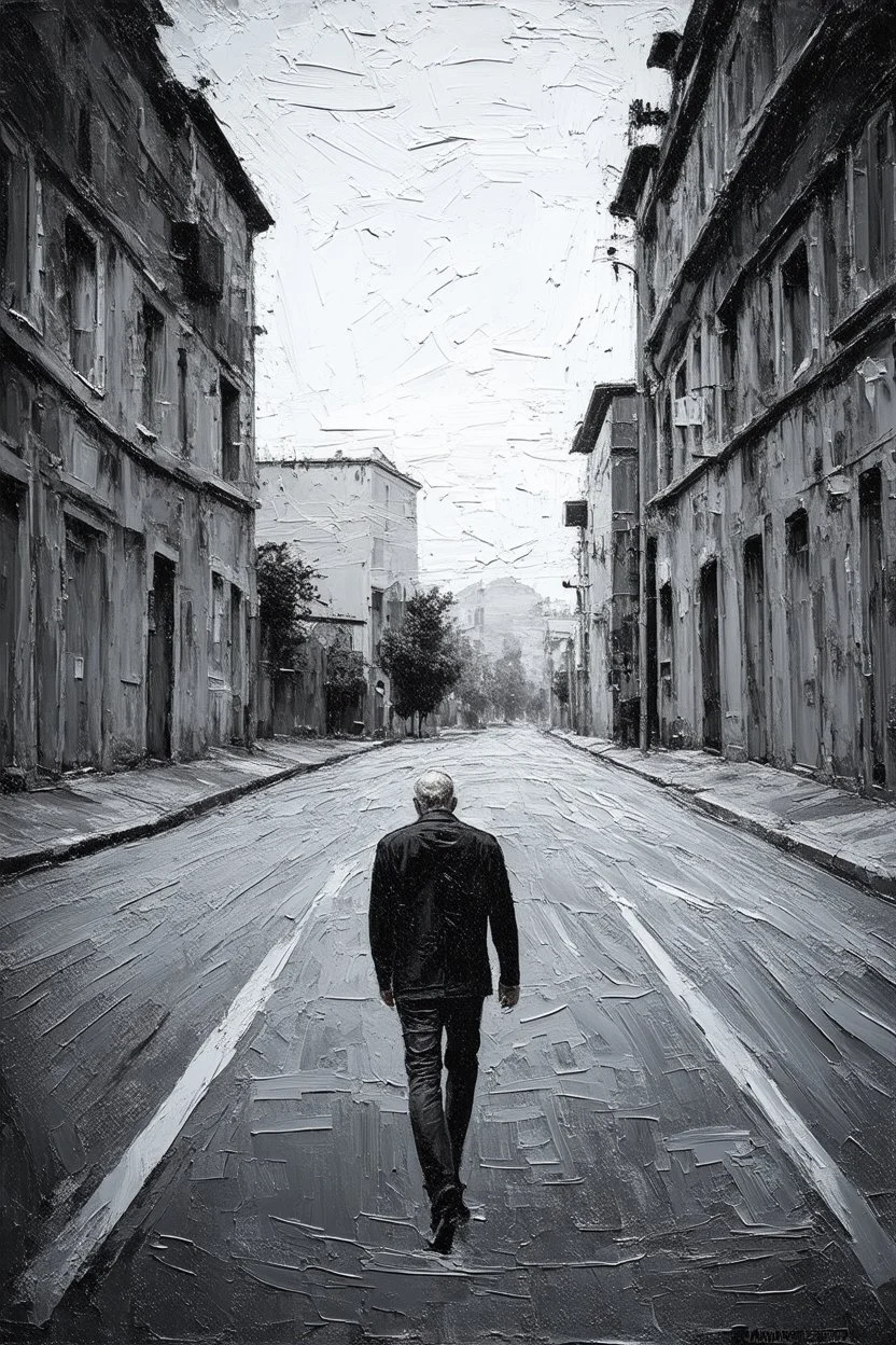 Man walks down empty street minimalist art in the style of Paul Klee with grunge heavy impasto textures