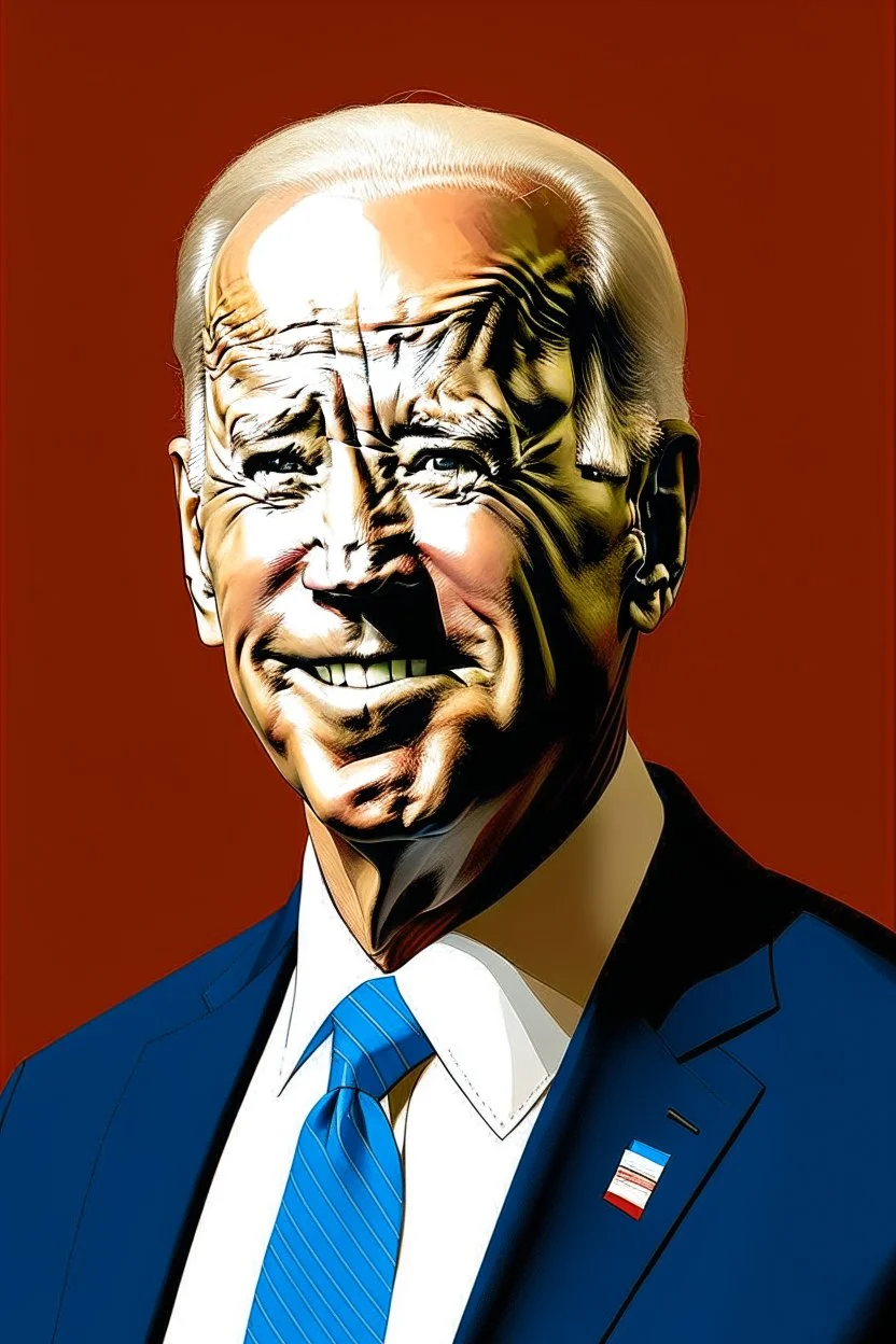 stylized stencil portrait of Joe biden in solid red, beige and (light and dark) blue