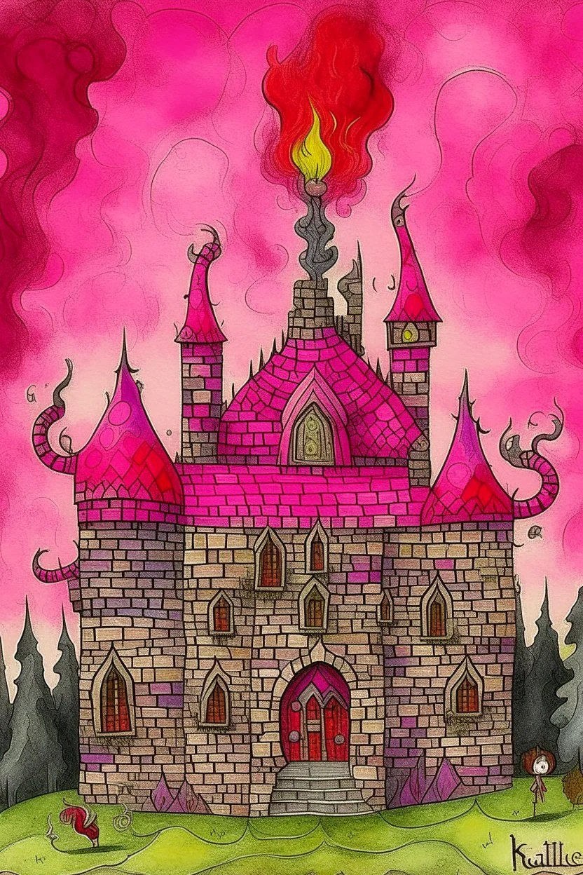 A blackish magenta demon chateau with chaotic fire designed in Ica stones painted by Paul Klee