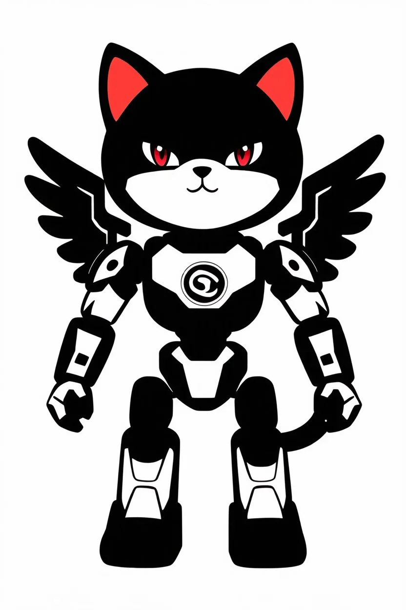 little cat robot black and white with warrior armour and wings of steel, cartoon model fashion