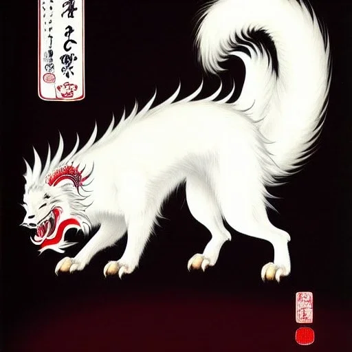 traditional Japanese art, eastern dragon, white fur, fullbody, doglike dragon, Chinese dragon