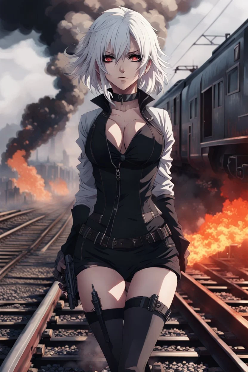 close-up gothic anime girl, white hair, tight outfit with gun on thigh, standing on a train track, smoke and fire surroundings, she is dull and dark, looks determined , train approaching behind her, poeti style