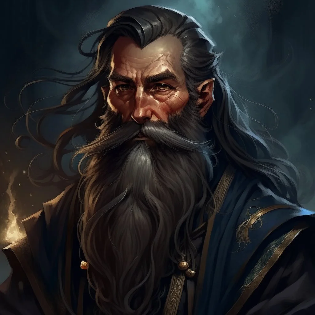 dnd, fantasy, wizard, portrait, face, close up, long beard, black as night hair, angular features, long, slender, wrinkles, professor, handsome