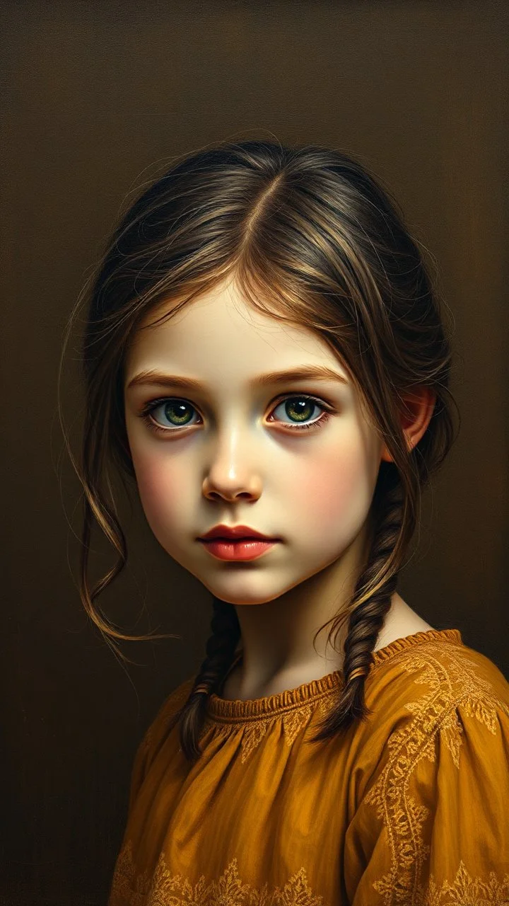 grant wood painting style , a portrait of a beautiful young girl in light brown colors and dark brown background