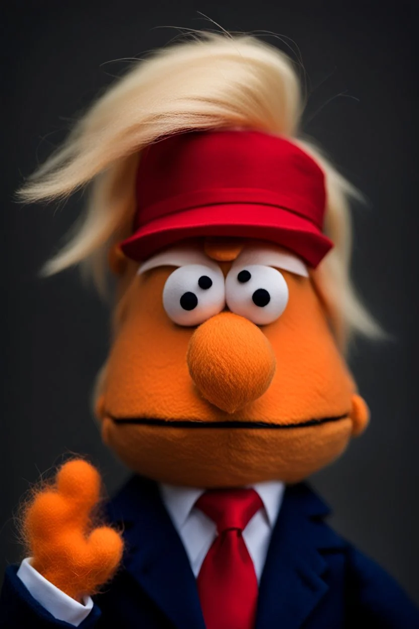 a Film Photograph of a realistic angry orange Donald J. Trump Muppet made of felt and fur wearing a dark blue suit and red tie and with blonde hair combover, he is old and angry with a small round mouth