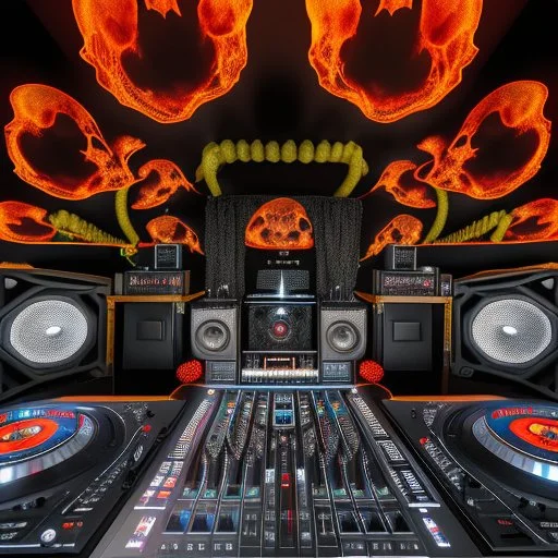 DJ of the damnded, insanely detailed DJ booth in hell, MID set, speakers and equipment made of bone, anatomically correct, add more skulls in th audience, photorealism, vray, 8k 3d, woofers in all empty eye sockets of stage equipment, wide angle, telephoto, from audience, all multicolored skulls,