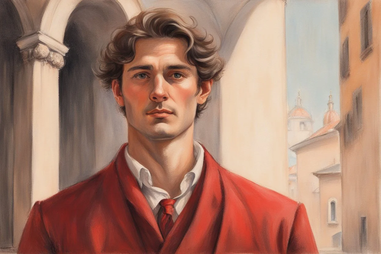 elegant handsome brown haired man in firenze in red costume in sunshine, shading pastel and charcoal