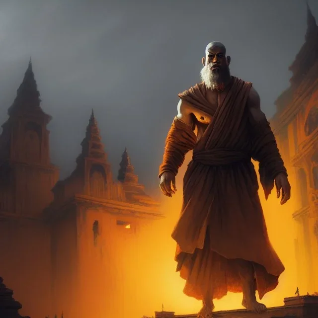 Portrait of a monk, fog, distant temple, profile, grim, dark, Frank Frazetta, Greg Rutkowski, hyperdetailed, dnd, trending on Artstation, Splash screen art, dynamic lighting, hyperdetailed, intricately detailed, a masterpiece, 8k resolution, high contrast, bearded,