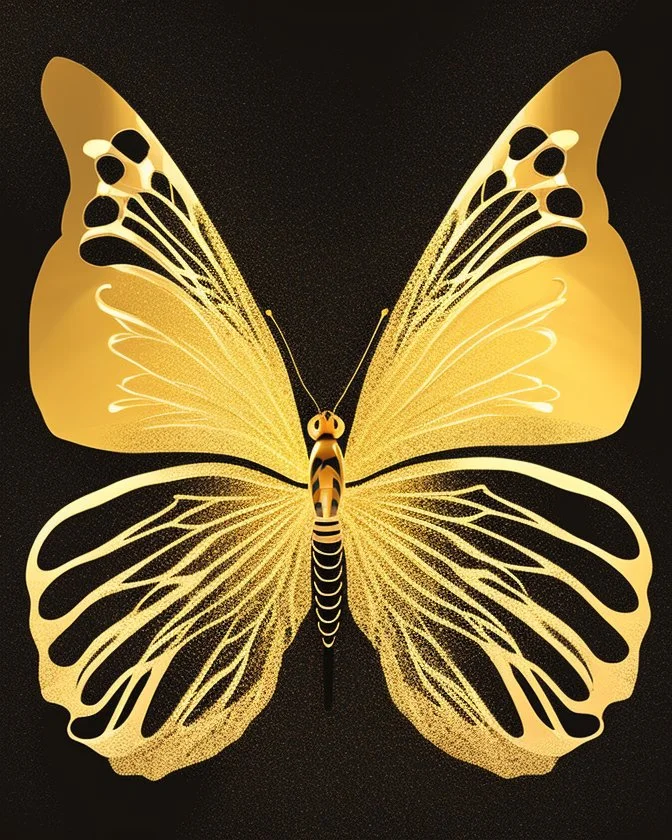 Mesmerizing minimalist illustration features an elegant, meticulously crafted golden butterfly. The simple yet sophisticated design contrasts sharply with a black background. The butterfly's wings exhibit a harmony that shows the artist's mastery in fusing typography and visual art. This striking piece radiates a sense of refined elegance and sophistication, captivating the viewer's attention with its subtle complexity.