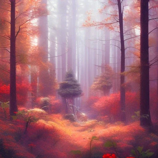  pastel colors, future art , red, orange, white,brown,son, earth, wod, trees, flowers, forest