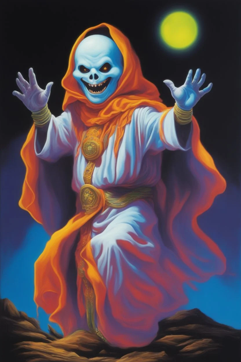 in the dead of night the bright moon shines down on a giant, extremely colorful casper the friendly ghost facial portrait, acrylic on canvas, florescent black light poster, in the art style of Boris Vallejo,