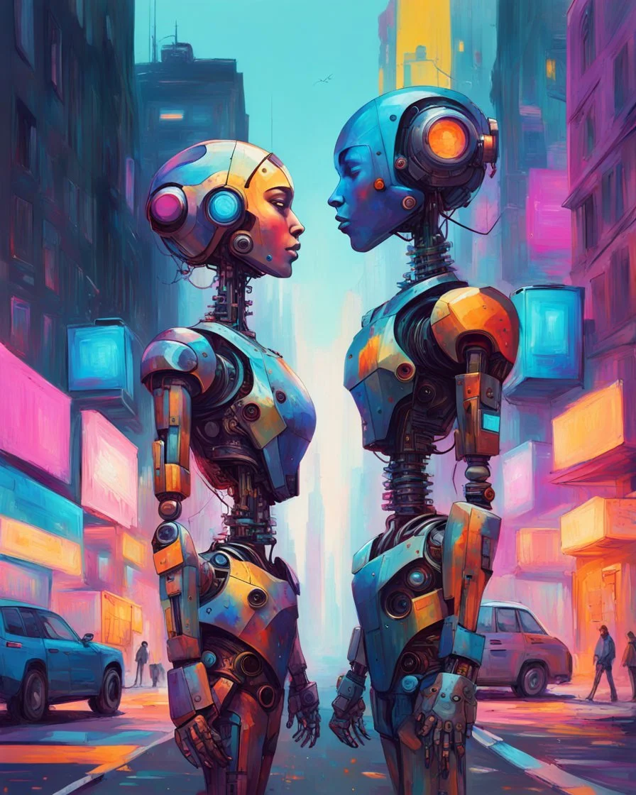 a couple of people standing next to each other on a street, yikes art, inspired by Wadim Kashin, afrofuturism, facing each other, portrait of a robot, nielly, beeple and jeremiah ketner, robot art cracking the road, lowres, solar punk city, lovers, couple
