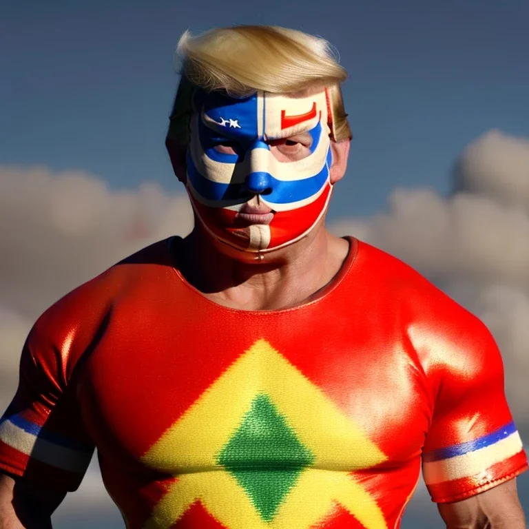 Realistic image of Donald trump wrestler, Mexican wrestling style, Mexican wrestling mask for eyes, red and blue breeches, glow us flag dress, suspenders, retro style, 80s, vibrant color, highly detailed, sky background, concept art, unreal engine 5, god rays, ray tracing, RTX, lumen lighting, ultra detail, volumetric lighting, 3d, finely drawn, high definition, high resolution.