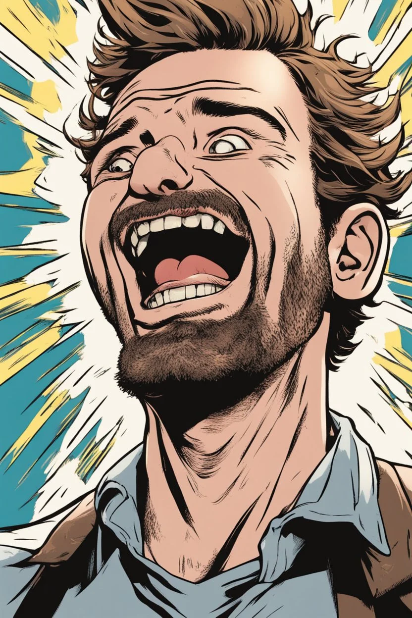 man with scruffy hair and stubble laughing absurdly at people panicking comic book style