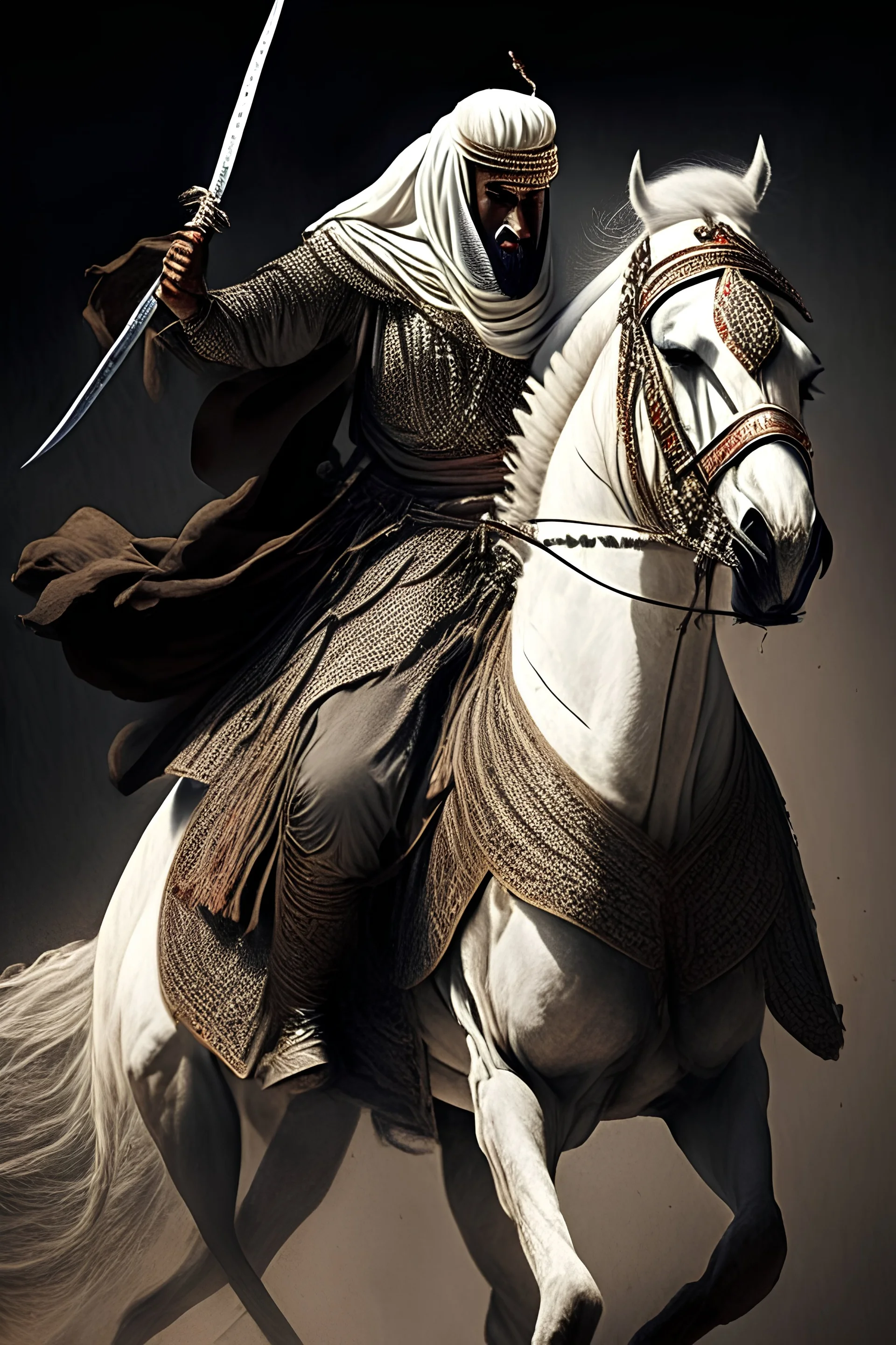 An Arab warrior gripping a sword tightly and mounted on a proudly raised horse.