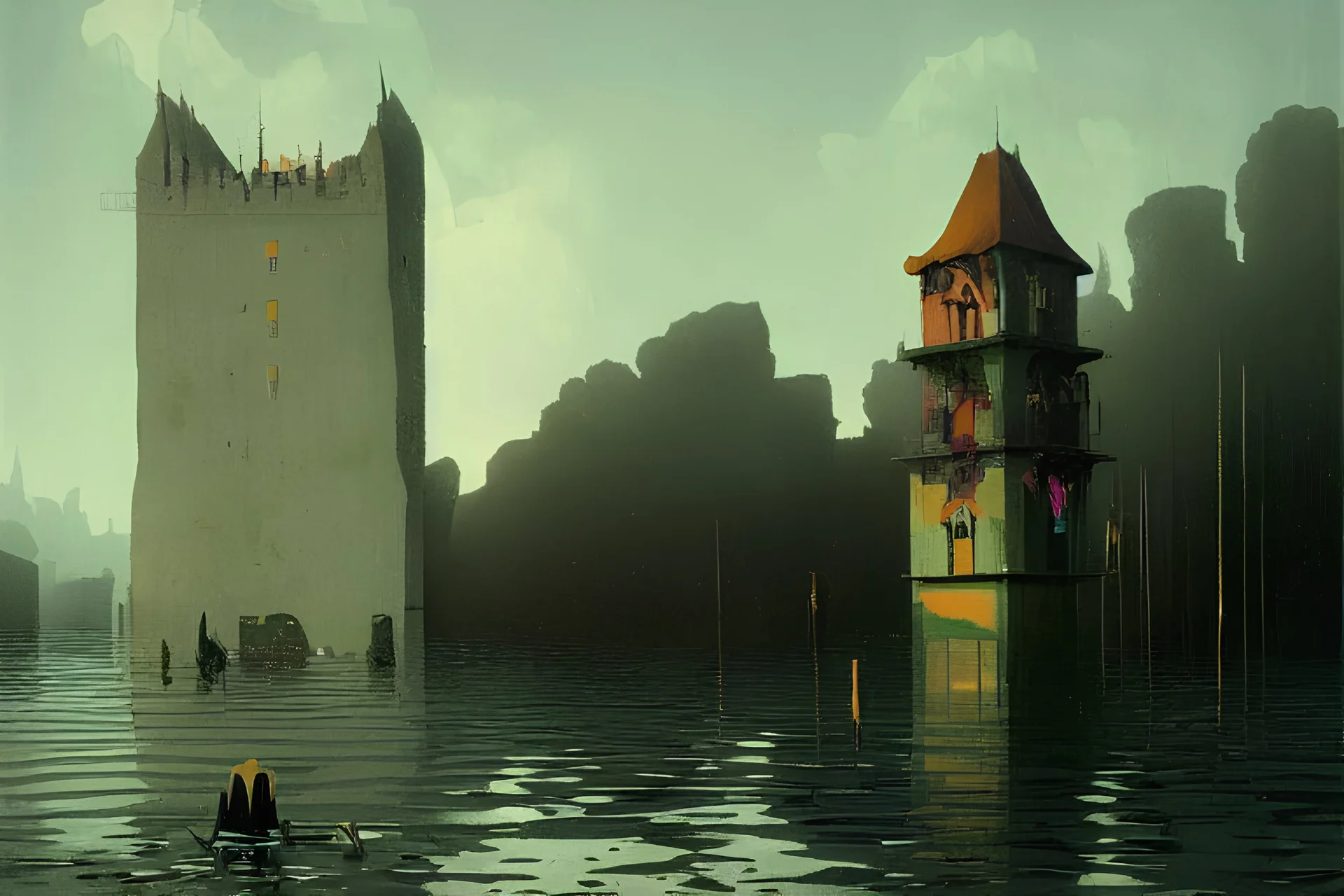 a high contrast painting of a flooded primitive tower by simon stalenhag carl spitzweg rene magritte jim burns, full-length view, vibrant colors, extremely high contrast!, symmetry, great composition, high detail, cinematic lighting, award winning masterpiece, trending on artstation