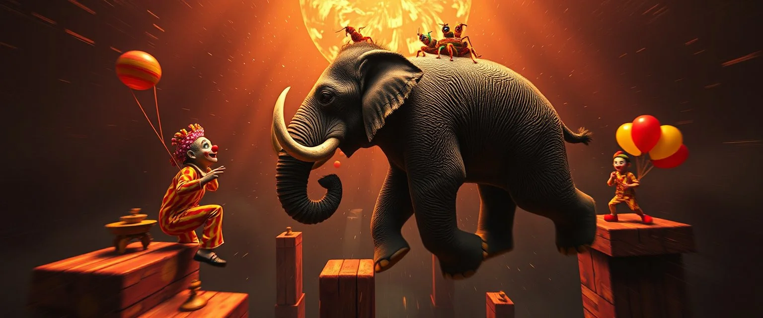 clowns lying when he repeats everything you say, bear ant eater elephant floating in 4 dimensional platform game, goa trance movie poster, stylized art, pin hole photo, motion blur