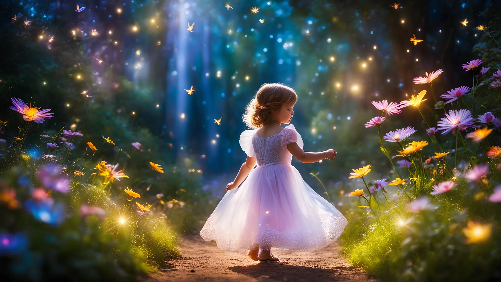 Une douce petite enfant erre dans son monde enchanté, Parmi les merveilles, elle adore explorer. Nuit enchantée, fleurs magiques, arcs-en-ciel de lumière, lucioles dansantes, fées lumineuses. Ses rêves sont vastes, pleins de beauté, Chaque instant est un nouveau bonheur. Dans son univers, tout est merveilleux, Un monde imaginaire, tendre et lumineux. Bel éclairage, composition attrayante, photoréaliste, extrêmement détaillée, clair-obscur, règle des tiers.