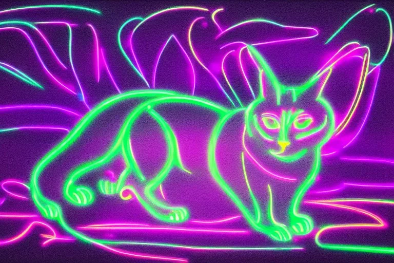 black background, outlines of a full-figure holographic cat, drawn from thin neon-coloured glowing lines