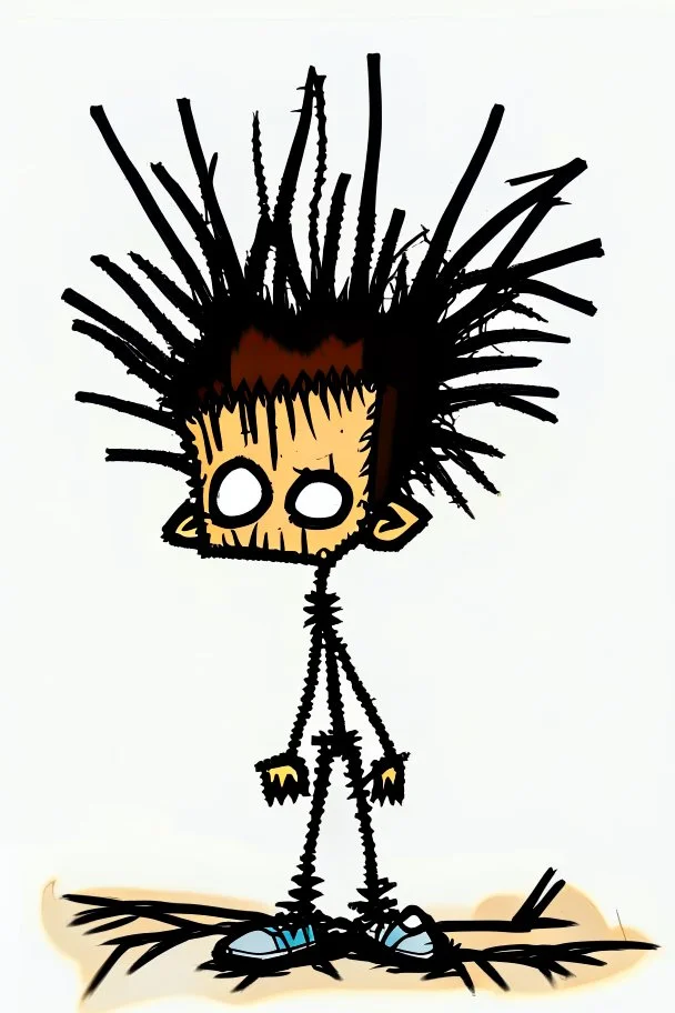 2d drawing of a stickman, cool with punk hair, x eyes like in hangman, laying flat on stomach,backside view,3d realistic in colour