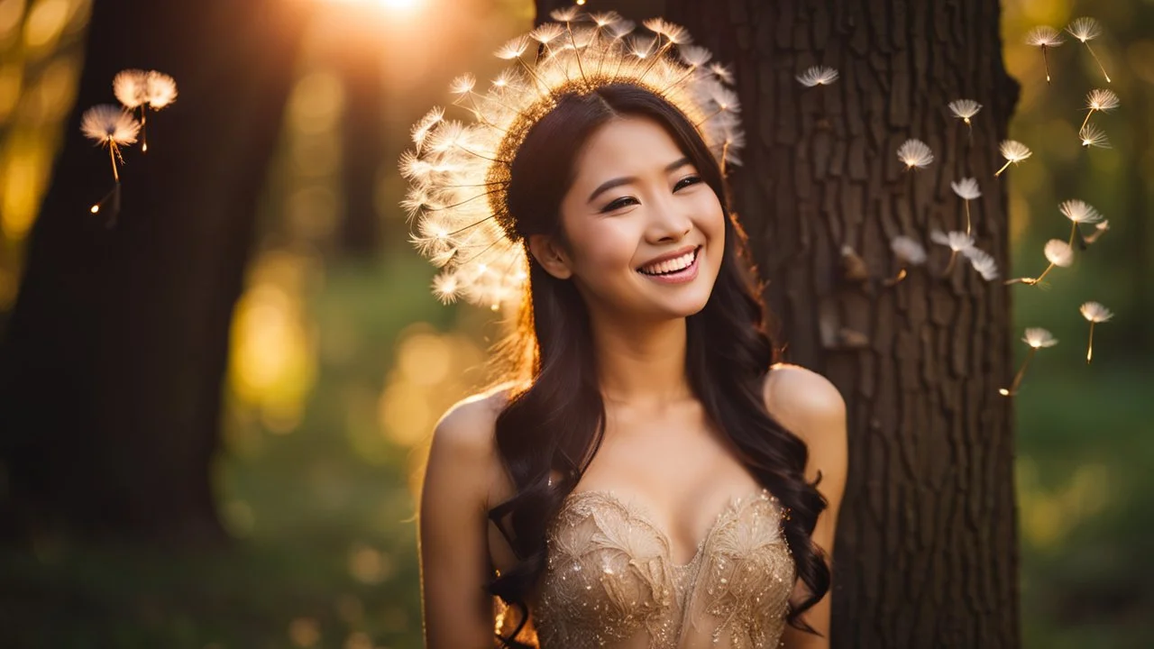 A gorgeous smiling Asian model in a fairy outfit in a wood with ancient trees dandelion seeds in the air at sunset