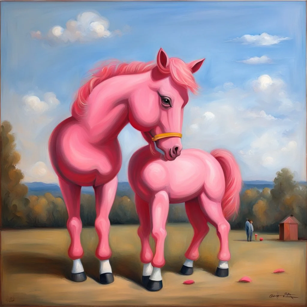 Big pink toy horse.19th painting