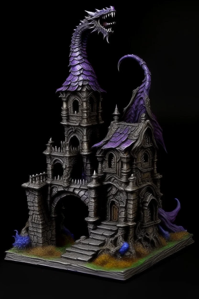 A dark purple keep with an undead dragon painted by Claude Monet