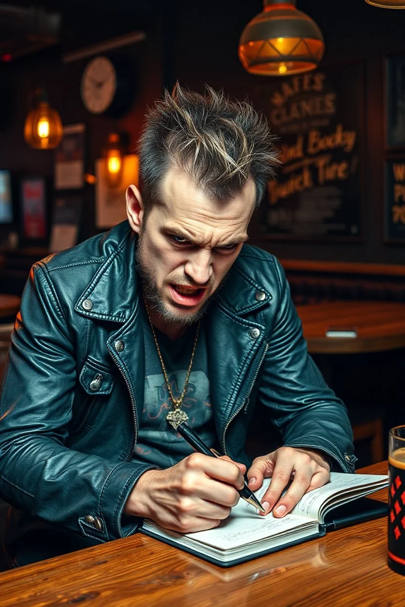 A very angry and bitter punk rocker sitting on a pub looking very angry, writing in his notebook new songs for his punk rocker band