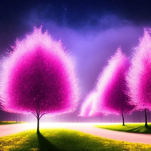 Trees growing pink and purple leaves, glitter, fog, willow, forest, beautiful, night