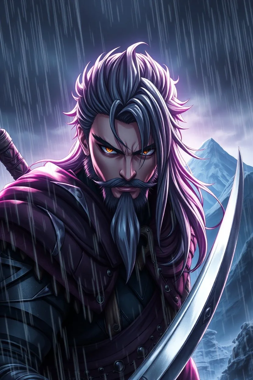 3d anime warrior man portrait , detailed, sharp focus, mystic , dark colors, pale lights, rain, storm, sharp focus, mountain, crepy, dark fantasy landscape, random background, professional anime art