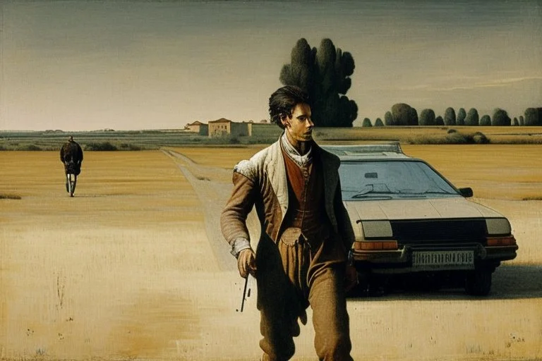 man with the gun walking among cars on dry field by andrea del sarto