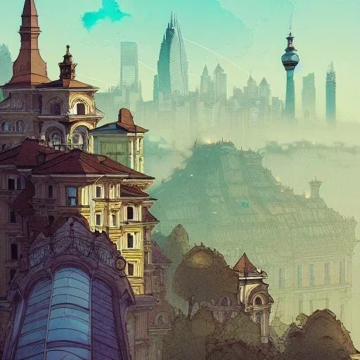 Skyline+Trainstation on cliff+Beaux Arts architecture,+palladio+detailed facades+uphill road+trees+ biopunk+Bueno Aires+turin+trieste+Book illustration by Gediminas Pranckevičius, Jean Baptiste Monge, Brian Kesinger, Anton fadeev, Kilian Eng, strong lines, high contrast vibrant colors, highly detailed, 16k resolution, trending on behance