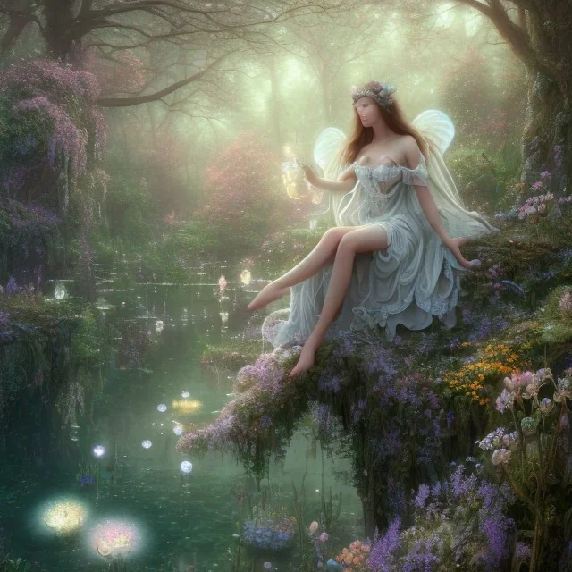 high-quality, fine-detail beautiful, stunning fairy sitting beside a clear, reflective lake, flowers, butterflies, small globes of iridescent light, tranquil, gorgeous, 8k resolution, 3D octane render, intricate, digital art, detailed matte, volumetric lighting, George Grie, Anne Dittman, Anne Stokes, Lisa Parker, Selina French, Alphonese Mucha