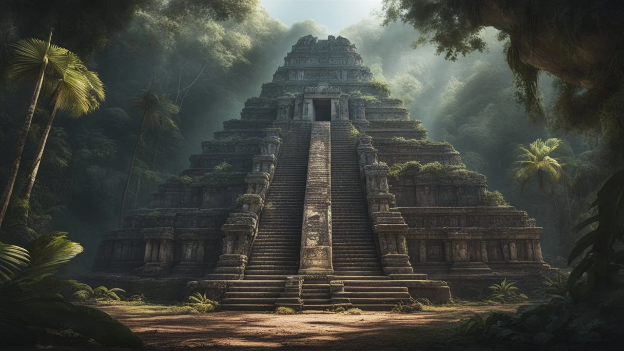 A forgotten mayan tempel in the wilderness. ruins. jungle. Perfect symmetry, cinematic lighting, hyper realisme, Hyperrealistic, splash art, concept art, mid shot, intricately detailed, color depth, dramatic, 2/3 face angle, side light, colorful background