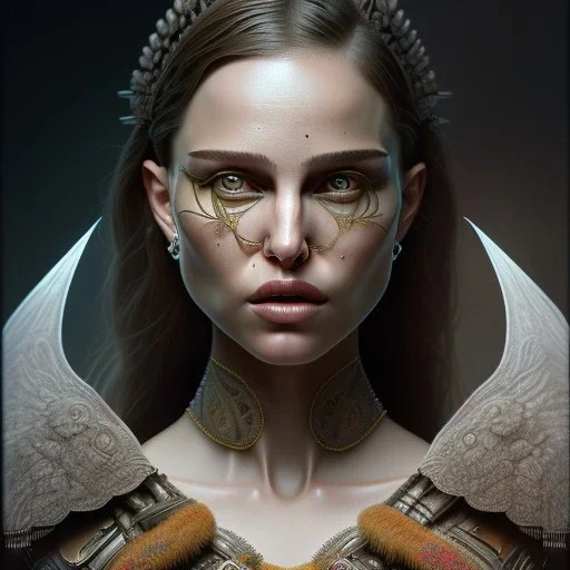 symmetry!! portrait of natalie portman in the style of god of war, machine parts embedded into face, intricate, elegant, highly detailed, digital painting, artstation, concept art, smooth, sharp focus, illustration, art by artgerm and greg rutkowski and alphonse mucha, 8 k