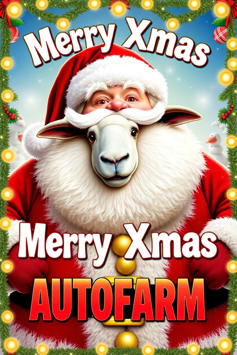 Create a whimsical 1990s-style movie poster featuring a jolly, rotund Santa humorously merged with a fluffy sheep. Capture the playful spirit of 'National Lampoon's Christmas Vacation.' Display 'Merry Xmas Autofarm' prominently in festive, bold letters, framed by twinkling lights and classic Christmas motifs. Use bright, nostalgic colors and playful design elements to evoke retro holiday magic and comedic fun