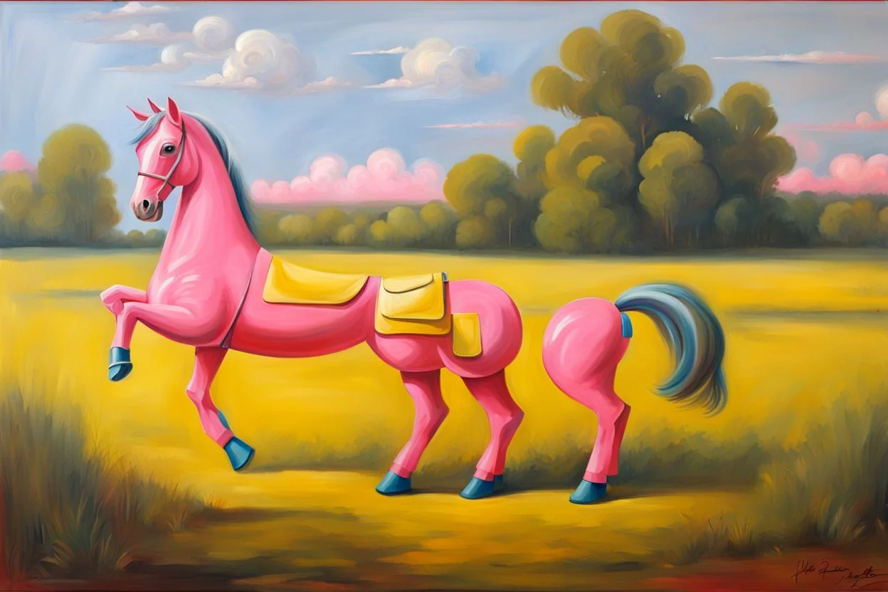 Big pink plastic toy horse.19th painting