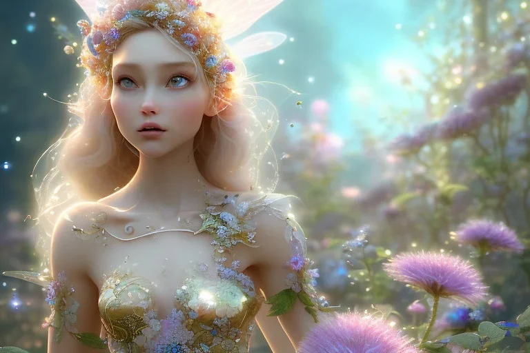 one very little beautiful fairy on one big crystal subtle flower in a galactic ambiance, transparent petals, delicate colors, in the foreground, full of details, smooth, bright sunshine，soft light atmosphere, light effect，vaporwave colorful, concept art, smooth, extremely sharp detail, finely tuned detail, ultra high definition, 8 k, unreal engine 5, ultra sharp focus