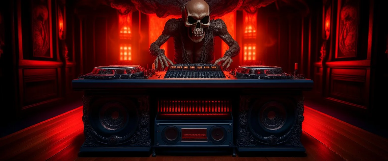 DJ of the damnded, insanely detailed DJ booth in hell, MID set, speakers and equipment made of bone, anatomically correct, add more skulls in th audience, photorealism, vray, 8k 3d https://stablecog.com/generate?o=a67b60e0-edd2-418d-9744-d1d585055d7f