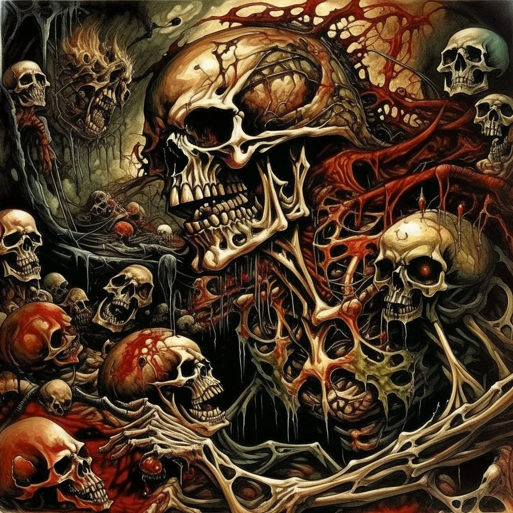 Chaos horrific, Carnivorous attack, Apocalyptic plight, Grotesque morbid threat, style by Arturo Souto, by Dave MCKean, unbalanced, offset, non-symmetrical surreal horror, text "Cannibal Corpse" album cover aesthetic in a death metal font