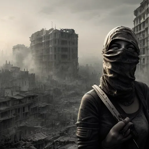 women, faces covered in black masks, ragged clothes, holding flag, war-torn, destroyed city in the background, 8k resolution, hyperrealistic, detailed matte painting, b&w, dynamic lighting, war, anarchy, terrorists