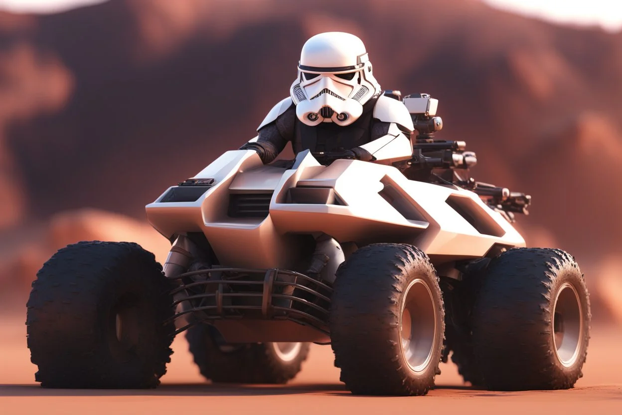 lowpoly storm trooper bear driving highly symmetric metallic rocket propelled mad max ATV that looks like a helmet with rounded glass bubble roof in red desert, bokeh like f/0.8, tilt-shift lens 8k, high detail, smooth render, down-light, unreal engine, prize winning