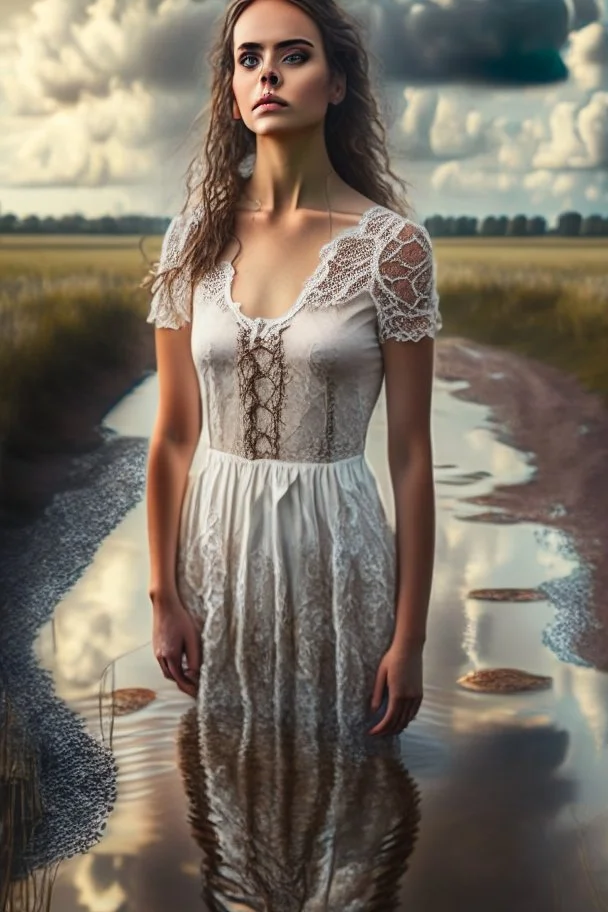 full body shot of a pretty woman, dressed lace top, full body portrait, nice perfect face with perfect face, hyper realistic concept, 8k resolution, photography quality, posing for a photo, photo realistic, standing in country side with a small river sands seen trough water,nice cloudy sky ,sharp focus back ground and foreground