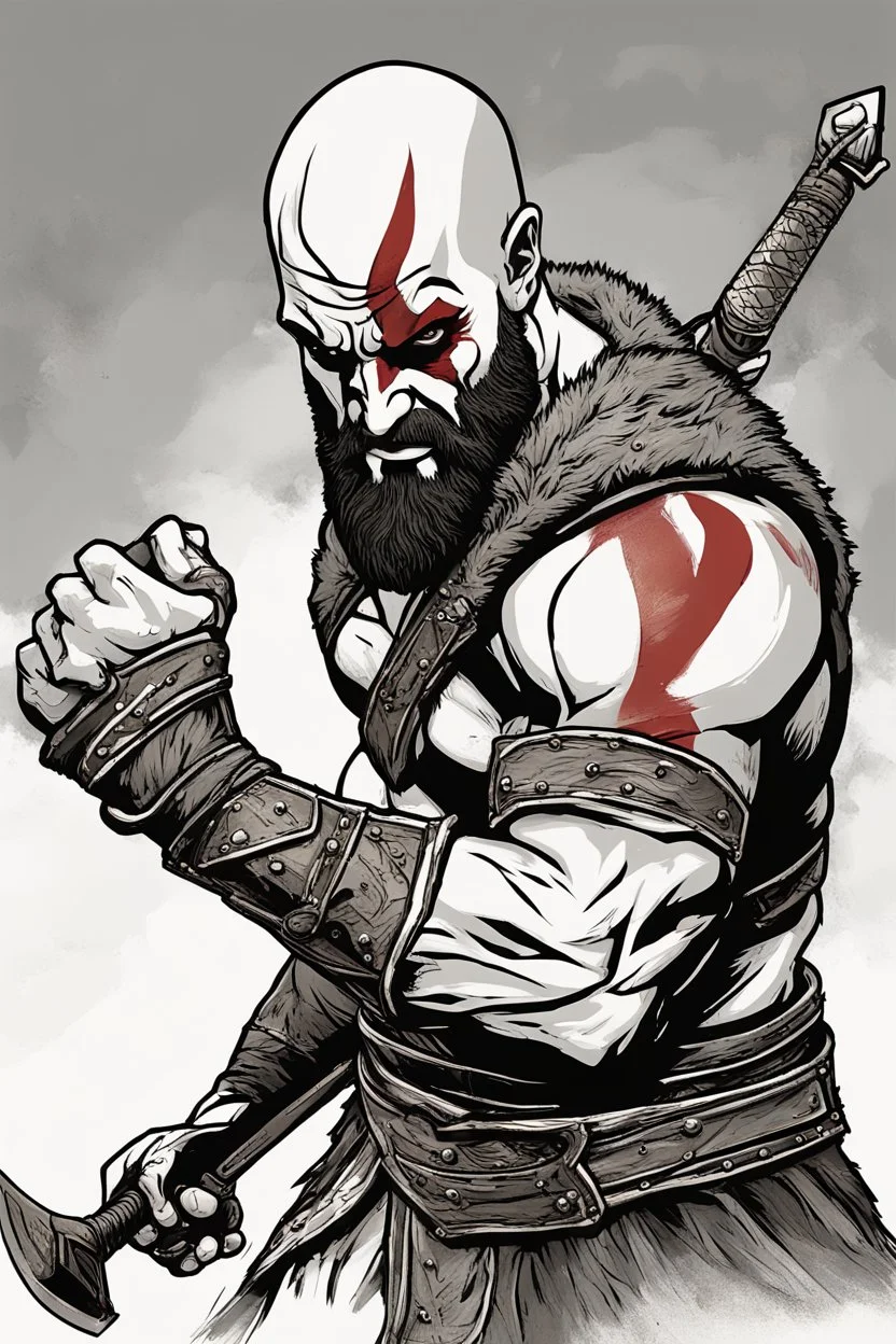 Generate a detailed and dynamic digital illustration of Kratos, the iconic character from the God of War video game series. Ensure that Kratos is portrayed in a powerful and imposing stance, wielding his signature weapon, the Leviathan Axe, with dramatic lighting that emphasizes his strength and determination. Pay attention to capturing the intricate details of his armor, facial expression, and any surrounding elements that enhance the epic and mythical atmosphere of the scene