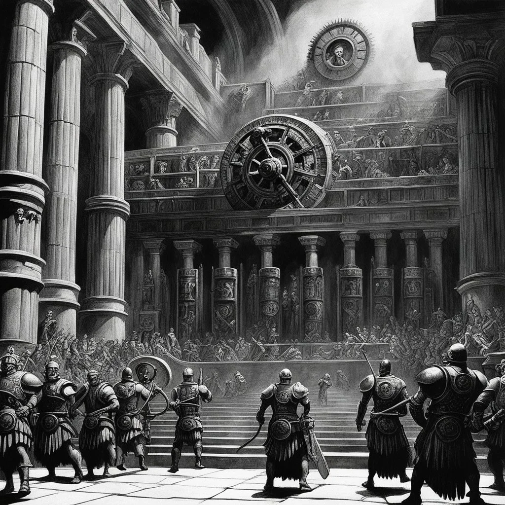 [art by Ray Harryhausen] Amidst the Roman celebration, a mysterious mechanism lurks in the shadows, a creation of gears and steam that moves with an otherworldly grace. As the legionaries and revelers dance and celebrate, the mechanism hums to life, its intricate parts whirring and spinning in a mesmerizing display of technological prowess.