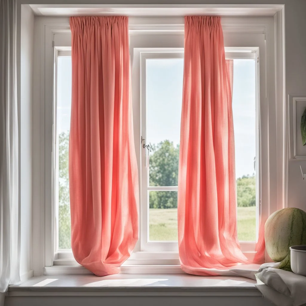 An open white window with watermelon colored curtains and a melon on the windowsill