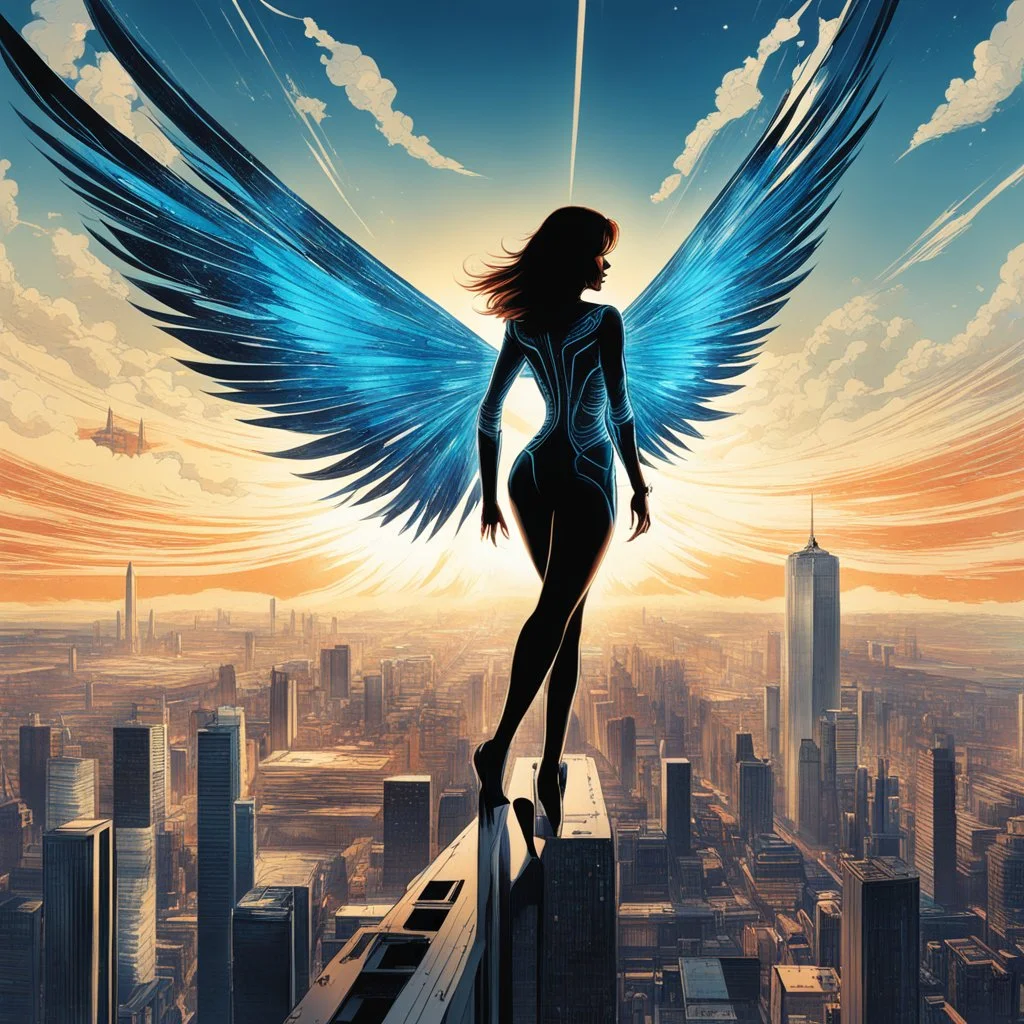 [art by Jack Davis] In a world where the sky is the new frontier, “AeroDynamica” emerges as the embodiment of progress and freedom. This digital artwork captures a futuristic girl, her silhouette sleek against the cityscape, with wings that are a marvel of bioengineering. They unfurl with a grace that belies their intricate design, a fusion of organic curves and cutting-edge technology. “AeroDynamica” is not just a figure; she’s a statement about the potential within us all to